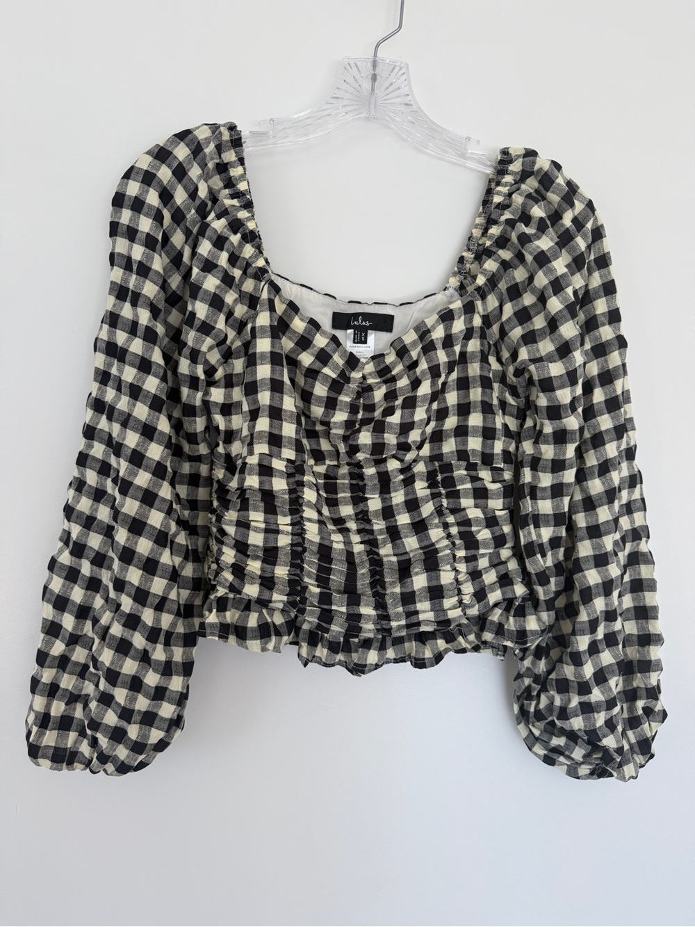 Lulus Black and Cream Gingham Ruched Puff-Sleeve Blouse